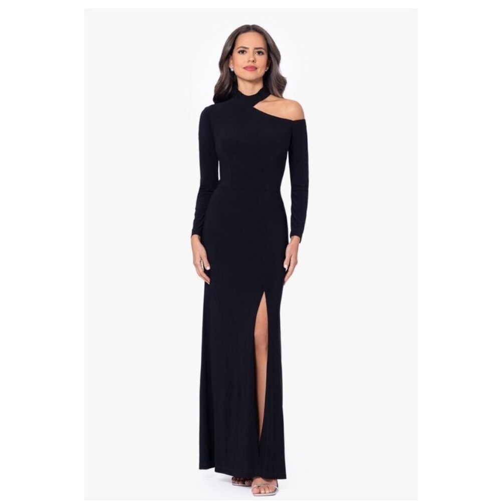 Betsy & Adam Black One Shoulder Gown SZ 6 NWT Long Sleeve Formal Dress GALA MOB